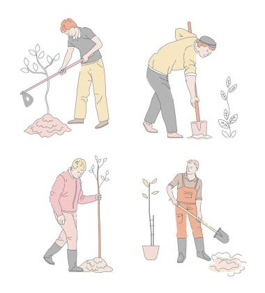 种植或园艺男子与芽和黑桃或鞋孤立的字符