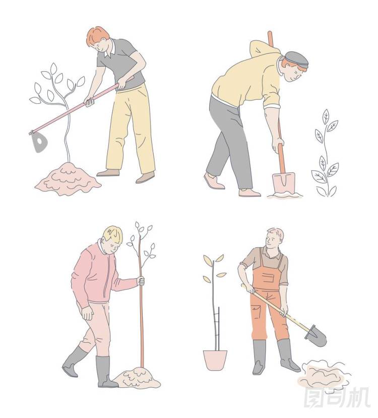 種植或園藝男子與芽和黑桃或鞋孤立的字符