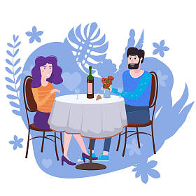 相爱的情侣在咖啡馆里喝葡萄。一个男人和一个女人在约会时正坐在一张桌子旁。热爱友谊与沟通,植物背景概念。矢量插图隔离平面样式