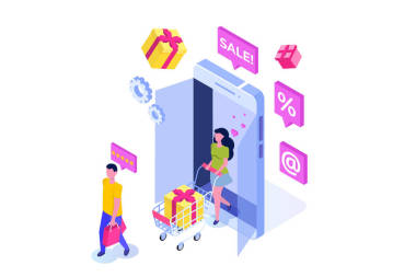 具有字符的在線購(gòu)物等軸測(cè)概念。電子商務(wù)對(duì)等