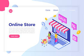 具有字符的在线购物等轴测概念。电子商务对等