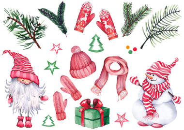 圣誕套裝有針織帽子、圍巾、手套、可愛的雪人、斯堪的納維亞矮人、禮品盒和常綠樹枝。水彩隔離在白色上. 