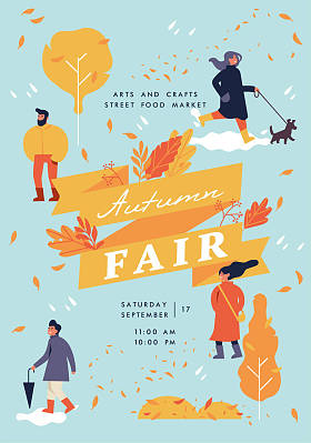 矢量秋季博览会海报,传单或横幅或横幅模板与人们享受他们的时间在公园户外。秋季假日季节娱乐和公共活动