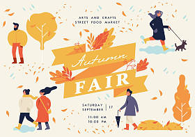 矢量秋季博览会海报,传单或横幅或横幅模板与人们享受他们的时间在公园户外。秋季假日季节娱乐和公共活动