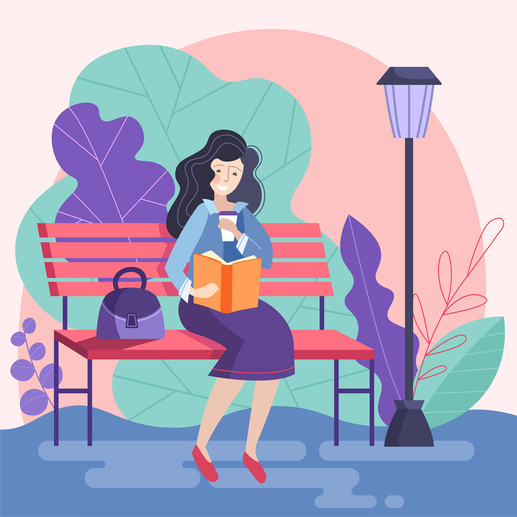 女商人在休息时间在公园里看书,带外卖咖啡,平面矢量插图