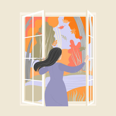 年輕女子打開窗戶,欣賞秋天公園的美麗景色