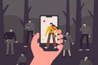 用手拍照的手。黑白照片概念背景，屏幕中带有彩色图片。平面设计风格最小矢量插图