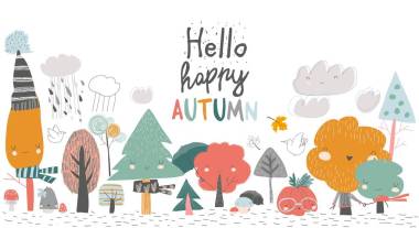 五颜六色的秋树。卡通黄色橙色秋树在白色背景