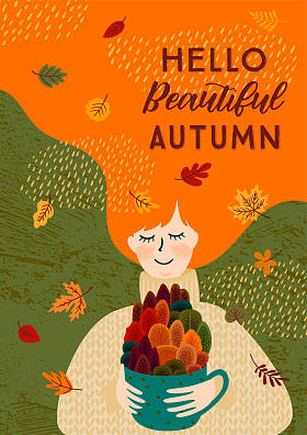 秋天插图与可爱的女人。矢量设计