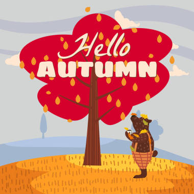 你好秋天可愛的熊在褲子與一杯熱咖啡。它站在一棵樹下，看著秋天的樹，樹葉落下。插圖矢量隔離橫幅明信片海報(bào)
