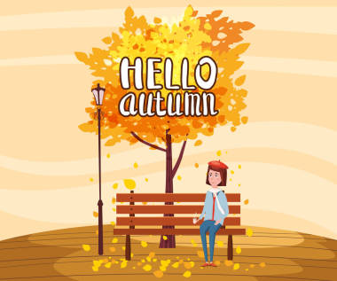 你好 秋天風(fēng)景孤獨的樹和女孩喝咖啡在趨勢平面卡通風(fēng)格板凳全景地平線。插圖矢量隔離橫幅明信片海報