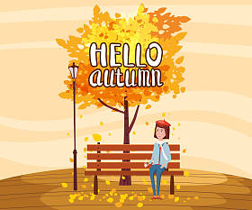 你好 秋天风景孤独的树和女孩喝咖啡在趋势平面卡通风格板凳全景地平线。插图矢量隔离横幅明信片海报