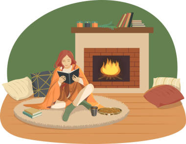 一個女孩在壁爐旁看書。舒適和溫暖