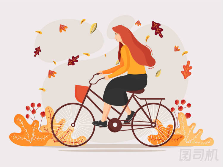 在森林背景上騎自行車的婦女的卡通人物 f