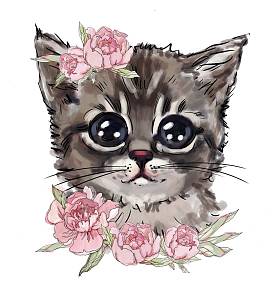 可爱的猫在花。可爱的动物，最喜欢的宠物，最好的T恤印花。服装设计的儿童插图。动画打印。美丽的小猫在白色背景，画手