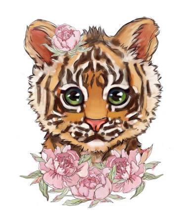 可愛的老虎在鮮花插圖上孤立的白色背景。T恤印花，卡片。老虎海報可愛的動物兒童插圖你的設(shè)計