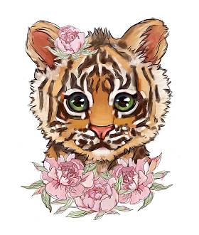 可爱的老虎在鲜花插图上孤立的白色背景。T恤印花，卡片。老虎海报可爱的动物儿童插图你的设计