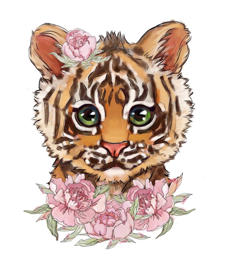 可爱的老虎在鲜花插图上孤立的白色背景。T恤印花，卡片。老虎海报可爱的动物儿童插图你的设计
