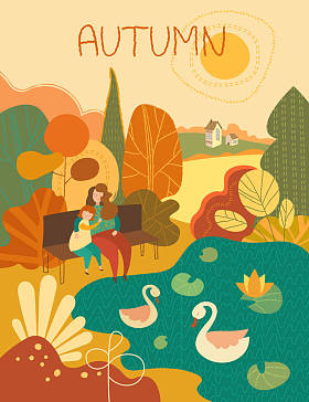 年轻的母亲与可爱的小女儿坐在湖边的农村