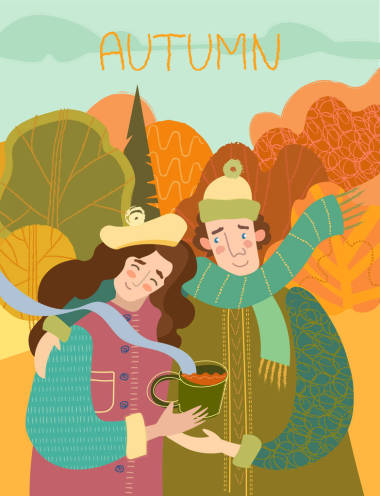 快樂(lè)微笑的情侶享受熱咖啡戶外