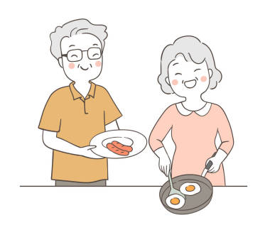 畫年邁的老奶奶和爺爺做飯。矢量插圖