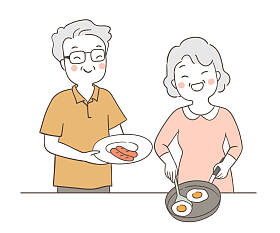 画年迈的老奶奶和爷爷做饭。矢量插图