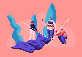 微小的女性角色手工艺爱好概念。女孩与巨大的针织针针织温暖衣服为寒冷的冬季时间。妇女享受针织爱好和休闲乐趣。卡通平面矢量插图