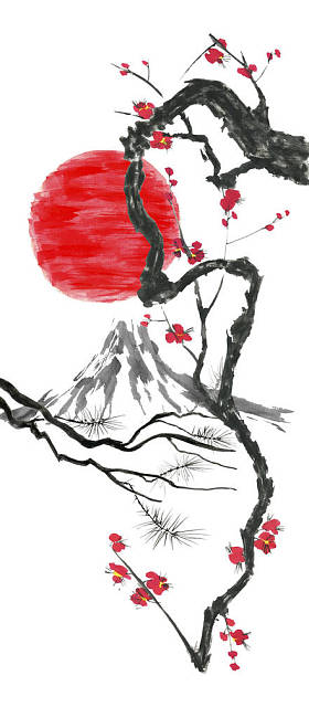 东方传统的相思画。富士山, 樱花, 日落。日本太阳。水彩和墨水例