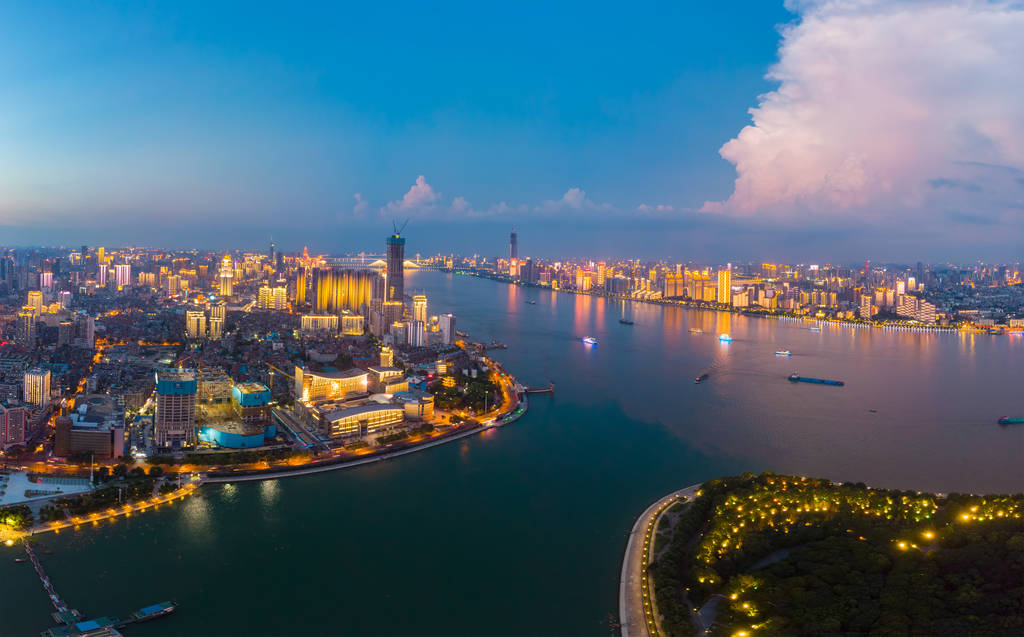 武汉市日落与夜间航空摄影风景 武汉市日落与夜间航空摄影风景