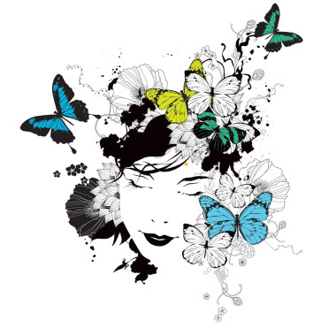 矢量女孩与蝴蝶与鲜花图片