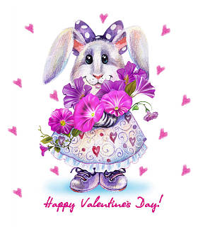 插图可爱的小兔子与花束浪漫的兔子在心的背景情人节概念卡通r