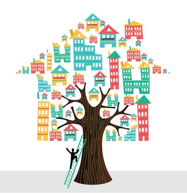 房地产树屋图标人与梯子租金的意思