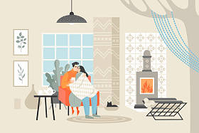 年轻的幸福夫妇坐在椅子上喝茶。男人和女人在舒适的房间里在壁炉旁享受夜晚. 