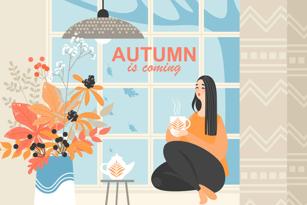 可爱的女孩坐在窗边，在秋天喝茶