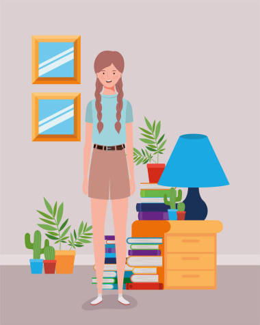 年轻和美丽的女孩在房子字符图片