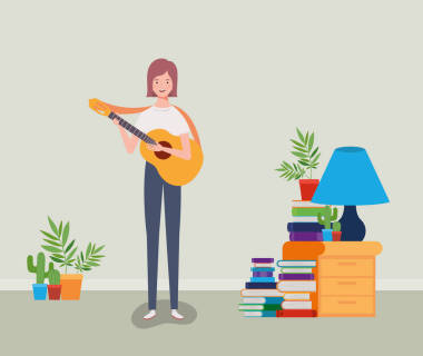 婦女玩原聲吉他字符圖片