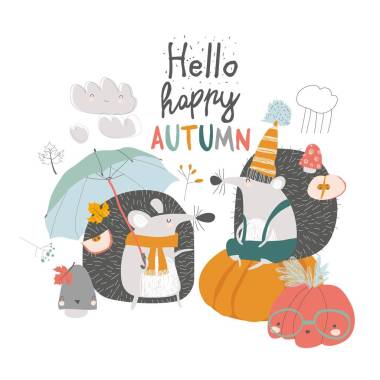 可爱的秋天刺猪与伞和南瓜