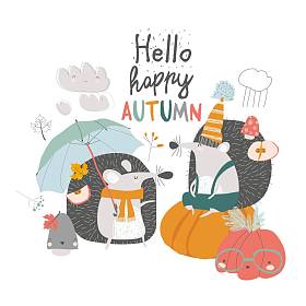 可爱的秋天刺猪与伞和南瓜