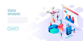 现代平面设计等轴测概念的审计，数据分析的旗帜和网站。等轴测着陆页模板。审计文件，经济分析财务预算。矢量插图