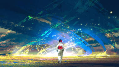 年輕的亞洲女孩在日本傳統(tǒng)服裝走近夢幻般的藍色風(fēng)暴，數(shù)字藝術(shù)風(fēng)格，插圖繪畫