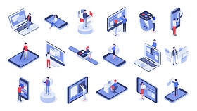 等轴测用户界面。在线办公、设备交互和触摸移动接口 3d 矢量集
