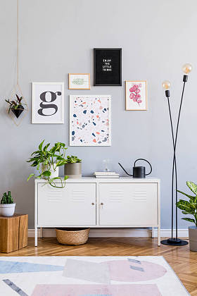 设计斯堪的纳维亚家居内部的开放空间与模拟海报画廊墙,白色架子,天鹅绒椅子,植物,灯木立方体和优雅的配件。复古舒适的家居装饰。模板.