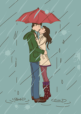 伞下亲吻的年轻夫妇