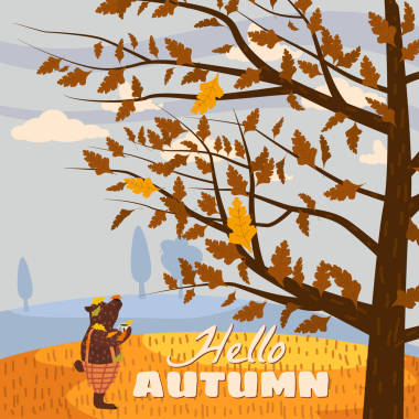 你好秋天可爱的熊在裤子与一杯热咖啡。它站在一棵树下，看着秋天的树，树叶落下。插图矢量隔离横幅明信片海报