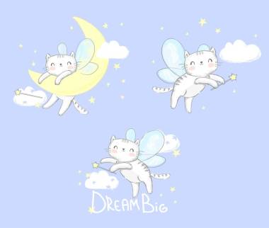 可爱的猫与翅膀。魔术集矢量插图。儿童印刷和海报