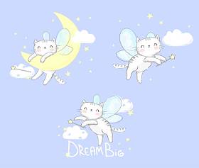 可爱的猫与翅膀。魔术集矢量插图。儿童印刷和海报