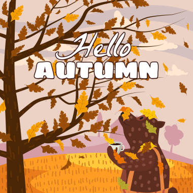 你好秋天可爱的熊在裤子与一杯热咖啡。它站在一棵树下，看着秋天的树，树叶落下。插图矢量隔离横幅明信片海报