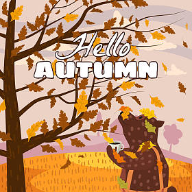 你好秋天可爱的熊在裤子与一杯热咖啡。它站在一棵树下,看着秋天的树,树叶落下。插图矢量隔离横幅明信片海报