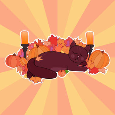 可爱的卡通猫躺在秋叶和南瓜背景，快乐感恩节或万圣节贺卡，可编辑矢量插图