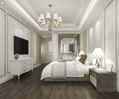 3d 渲染美丽的豪华卧室套房在酒店与电视